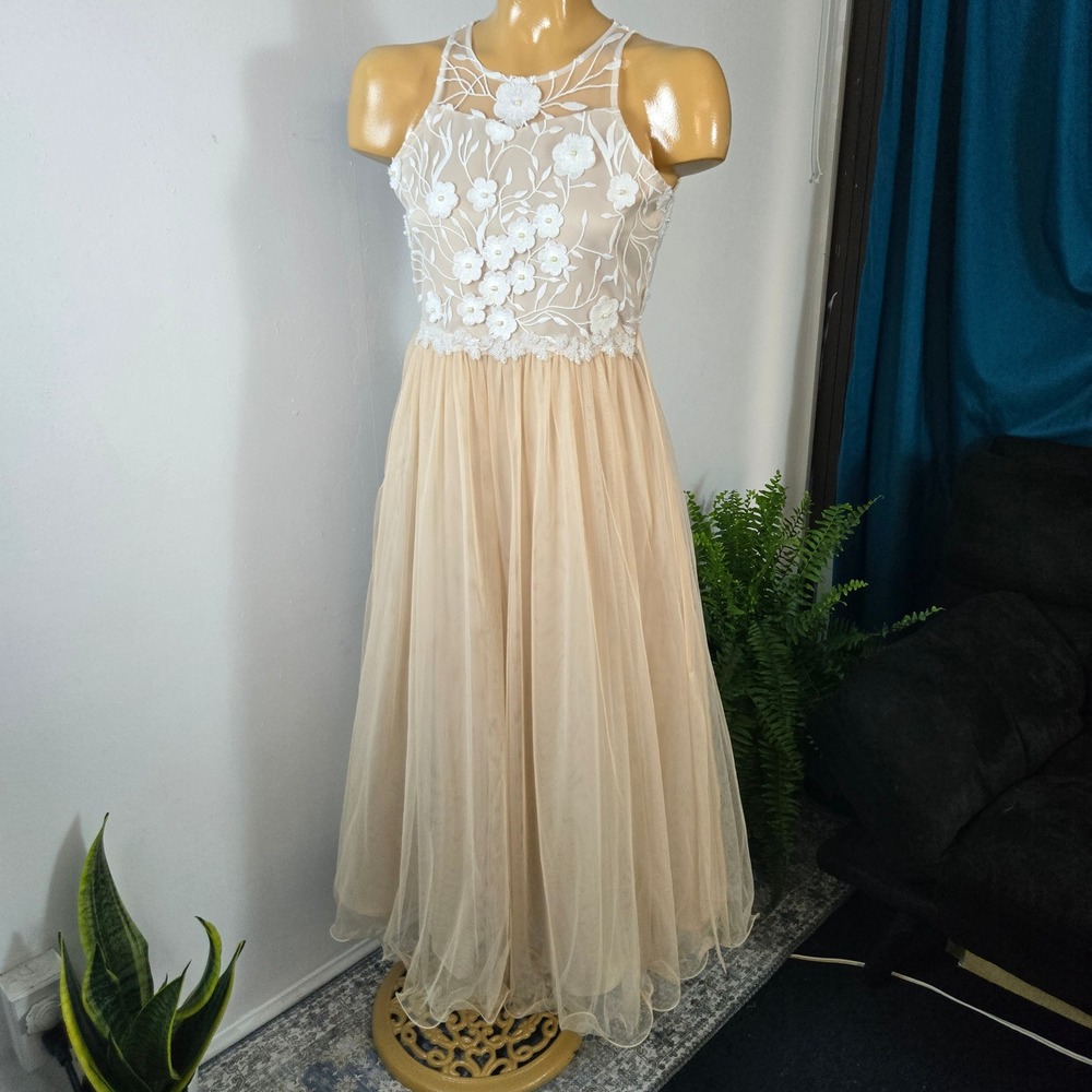 Rare Editions Girls Dress Floral Embroidery Tulle Layers Size 16 Champagne White